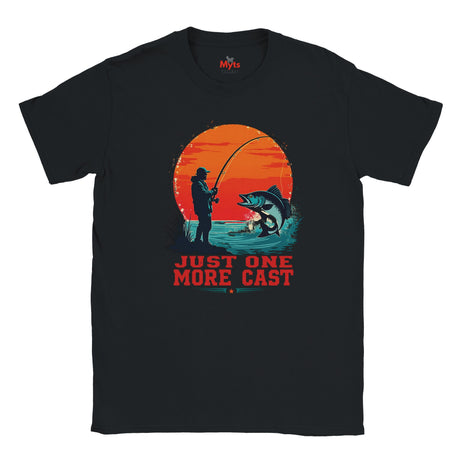 Black t-shirt with a fishing graphic and text 'Just One More Cast' on a white background