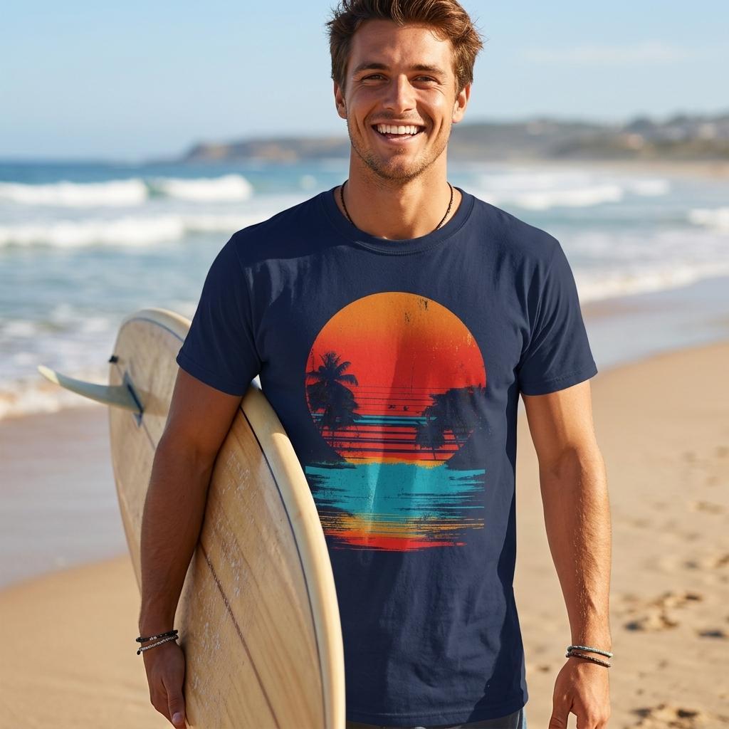 Man holding a surfboard on a beach wearing a navy t-shirt with a colorful sunset design.