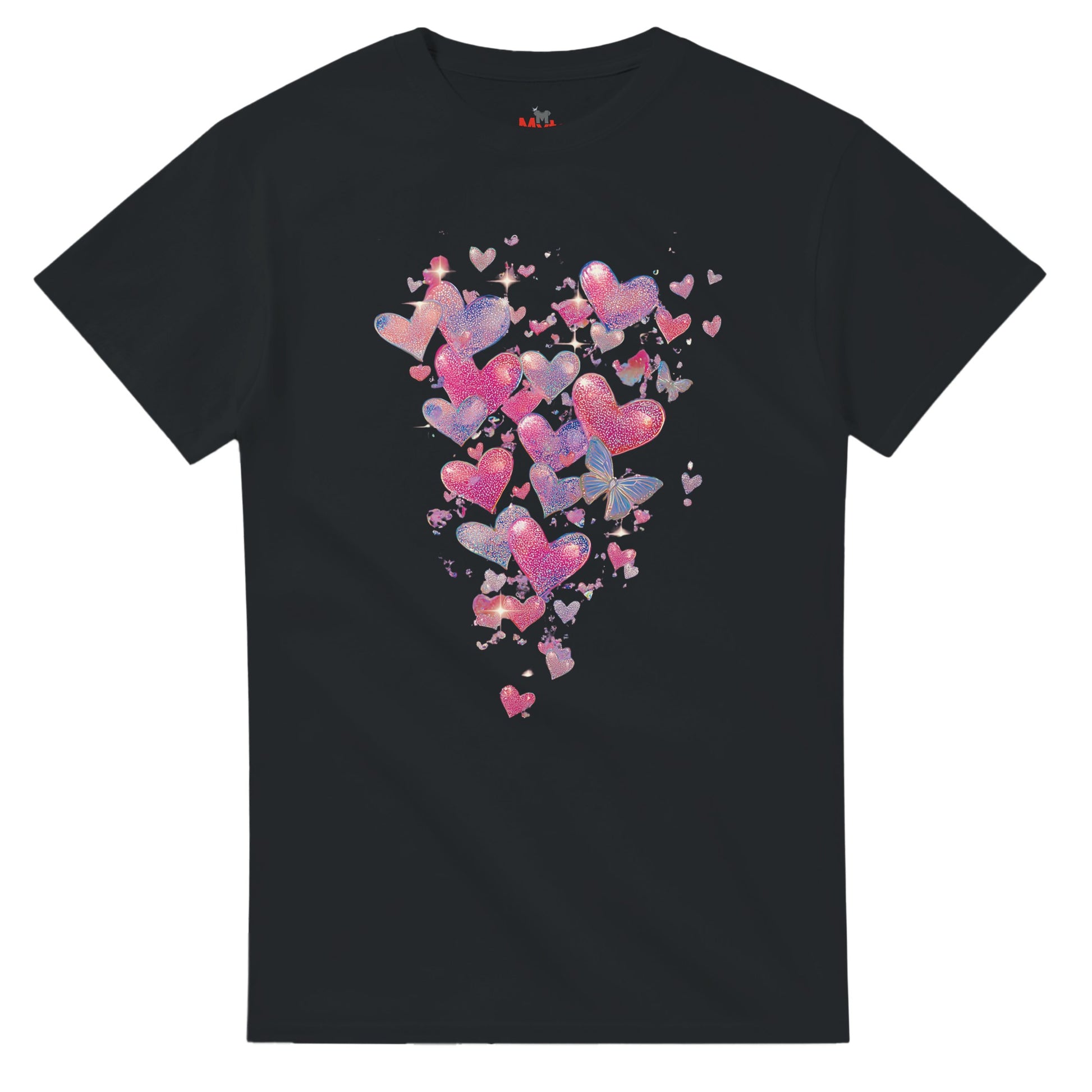 Black t-shirt with colorful heart design on a white background