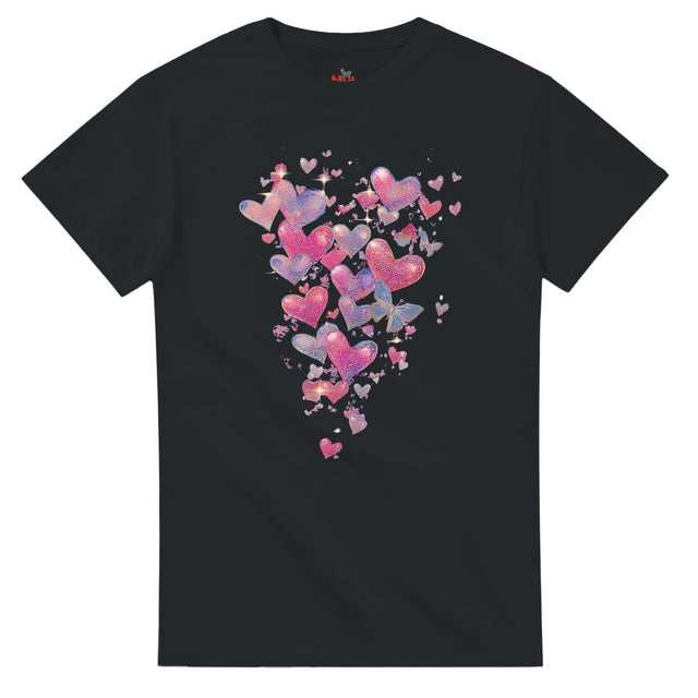 Black t-shirt with colorful heart design on a white background