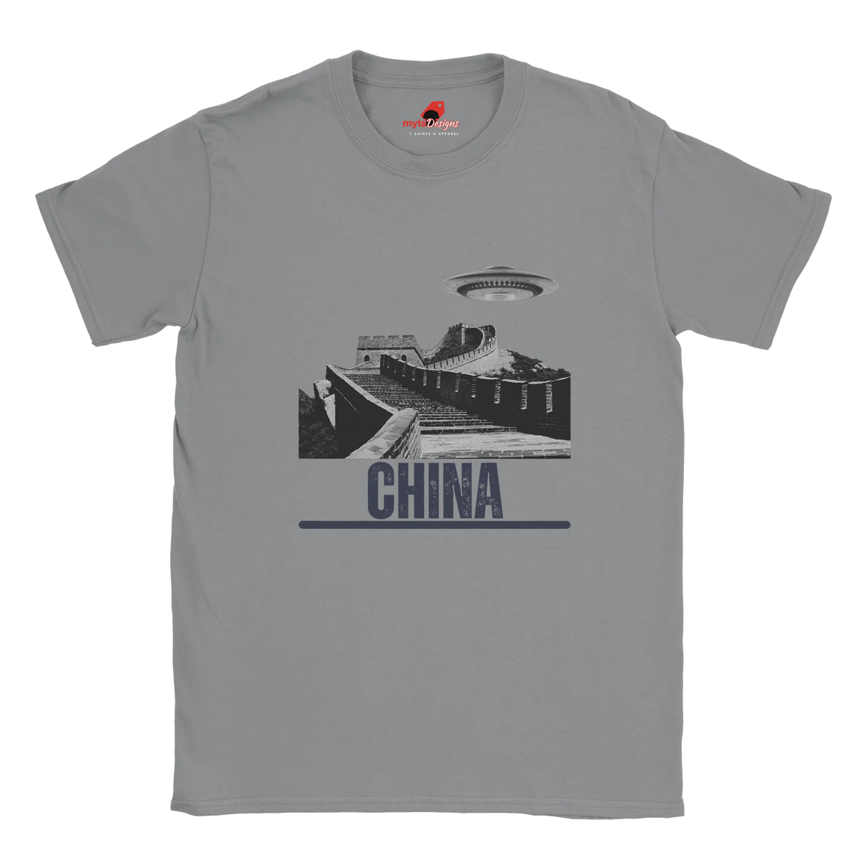 “Sports Grey T-shirt with a vintage black-and-white Great Wall of China illustration and a UFO hovering above it, labeled ‘CHINA,’ designed by MytsDesigns.com”

