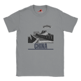 “Sports Grey T-shirt with a vintage black-and-white Great Wall of China illustration and a UFO hovering above it, labeled ‘CHINA,’ designed by MytsDesigns.com”

