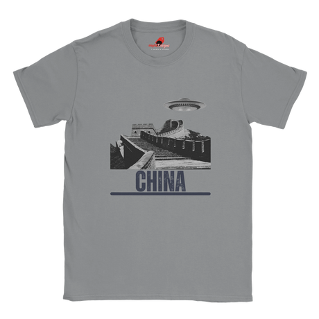 “Sports Grey T-shirt with a vintage black-and-white Great Wall of China illustration and a UFO hovering above it, labeled ‘CHINA,’ designed by MytsDesigns.com”

