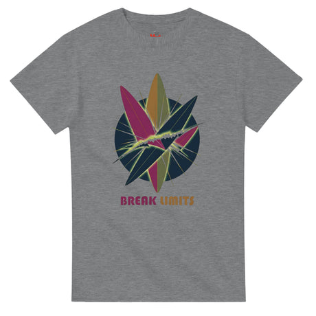 Gray t-shirt with colorful graphic design and 'Break Limits' text on a white background