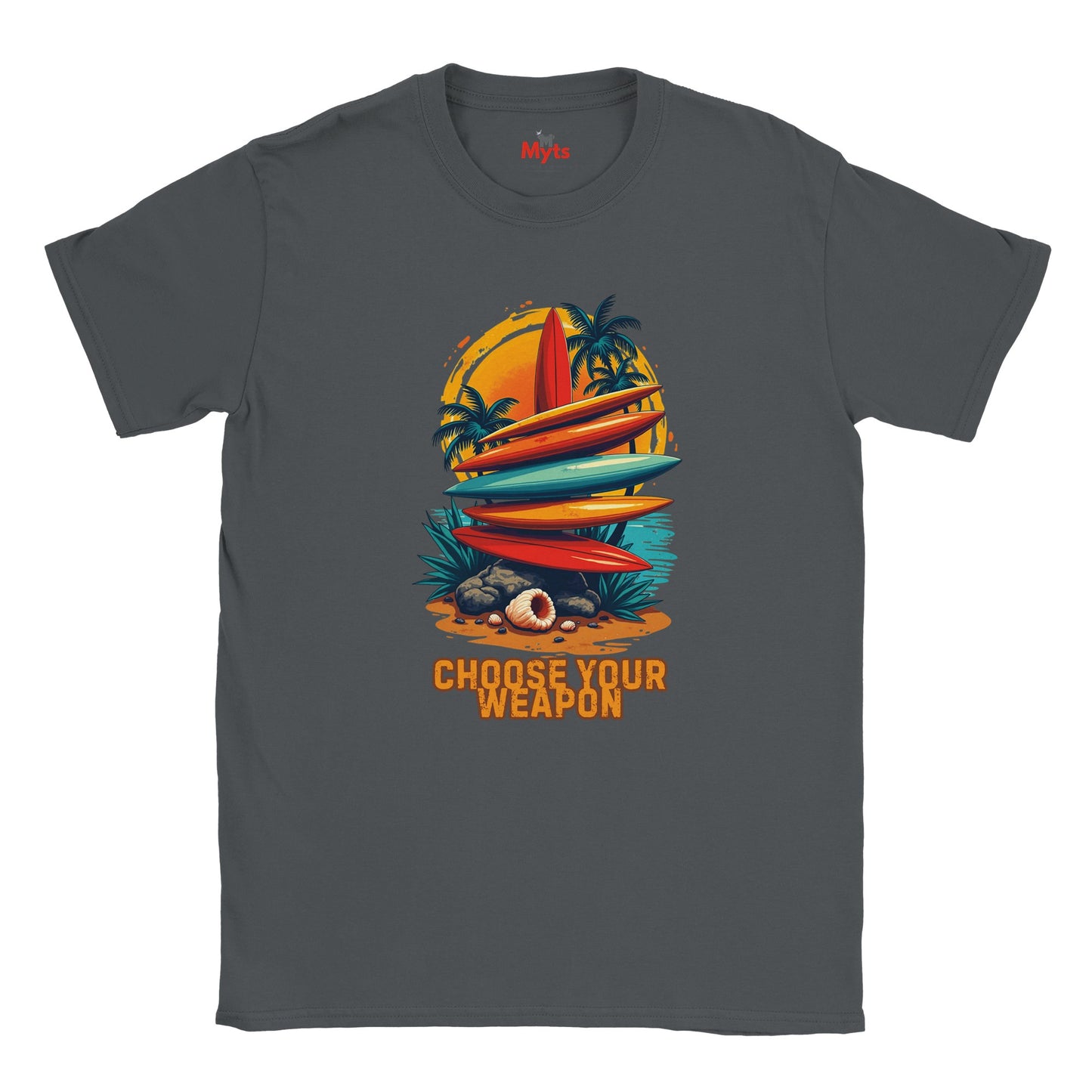 Dark Heather t-shirt with a colorful graphic of surfboards and a weapon, with text 'Choose Your Weapon' on a white background.