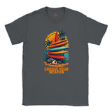 Dark Heather t-shirt with a colorful graphic of surfboards and a weapon, with text 'Choose Your Weapon' on a white background.
