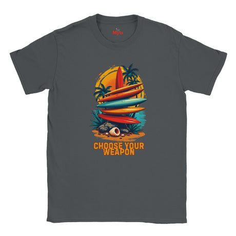 Dark Heather t-shirt with a colorful graphic of surfboards and a weapon, with text 'Choose Your Weapon' on a white background.