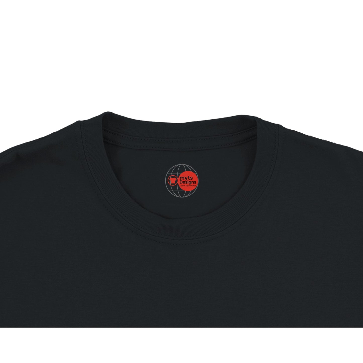Black t-shirt with a red and white logo on the collar against a white background