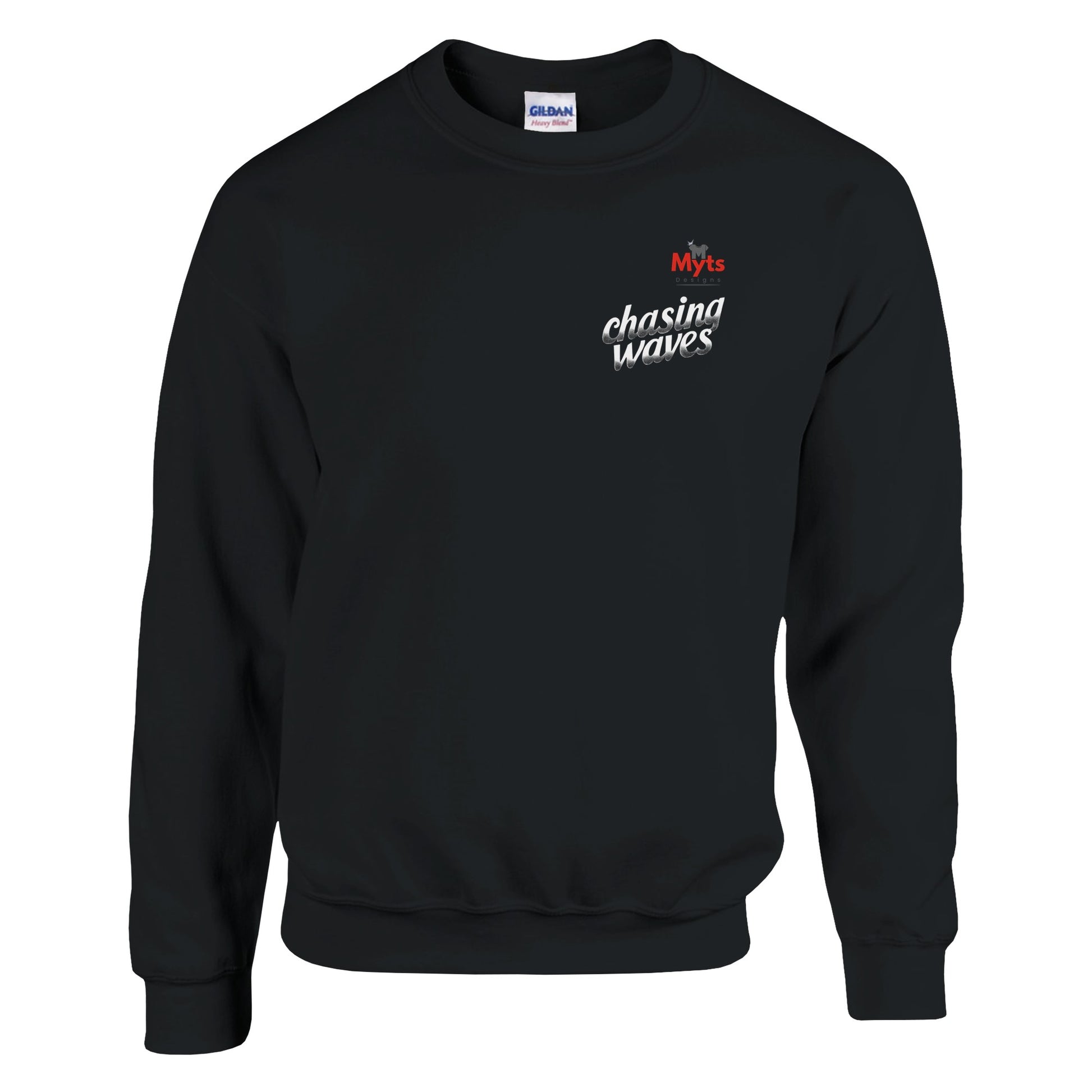 Black sweatshirt with a colorful abstract design on the chest against a white background