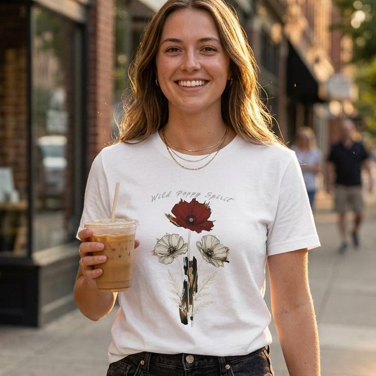 A woman walking on a city sidewalk wearing a white graphic t-shirt with a red and black floral print and the words 'Wild Flower Spirit'. She is holding an iced coffee.