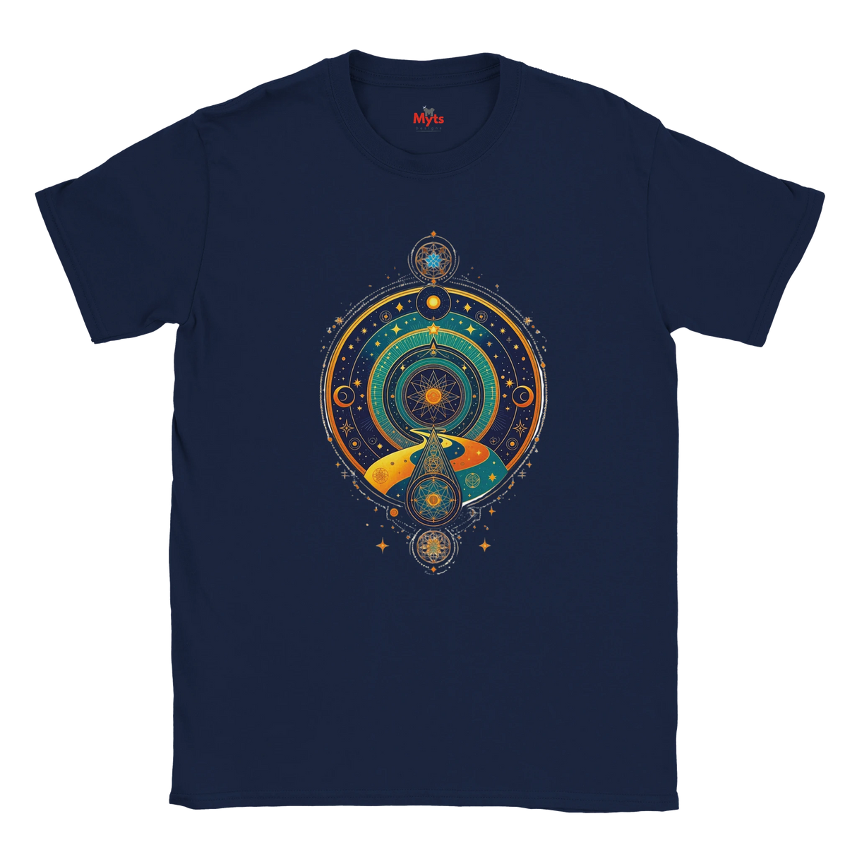 Navy blue t-shirt with a colorful circular design on a white background