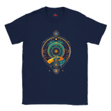 Navy blue t-shirt with a colorful circular design on a white background