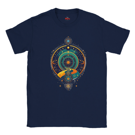Navy blue t-shirt with a colorful circular design on a white background