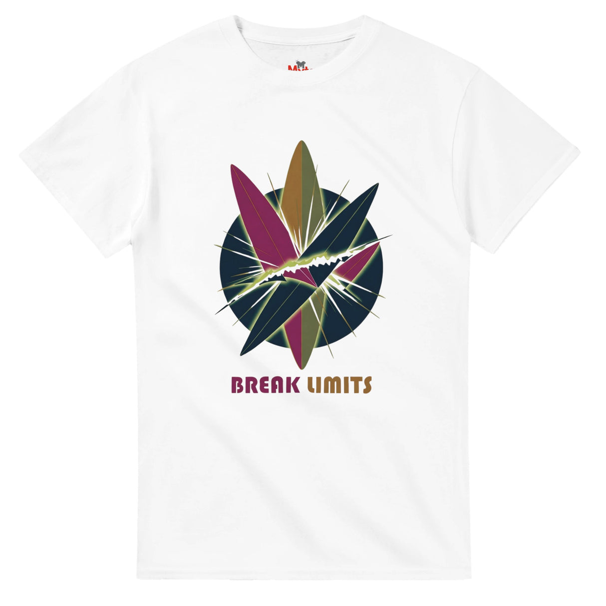 White t-shirt with colorful abstract design and 'Break Limits' text on a white background
