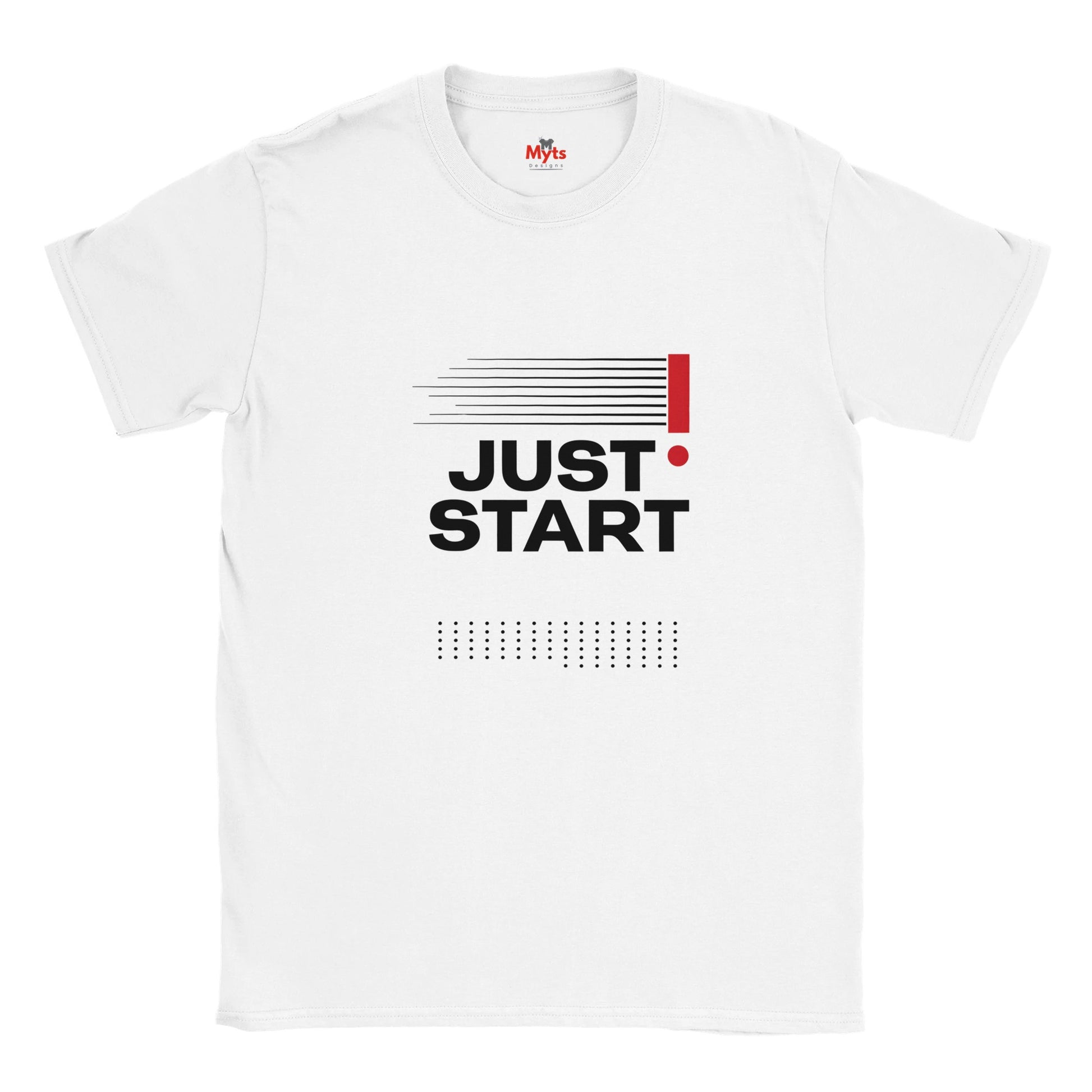 White t-shirt with 'JUST START!' text design on a white background
