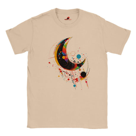 A natural crew-neck t-shirt with a geometric space-inspired print featuring vivid colors and abstract designs.