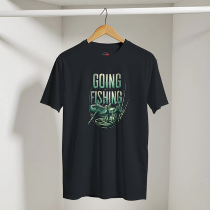Black t-shirt with 'Going Fishing' graphic on a hanger against a white wall