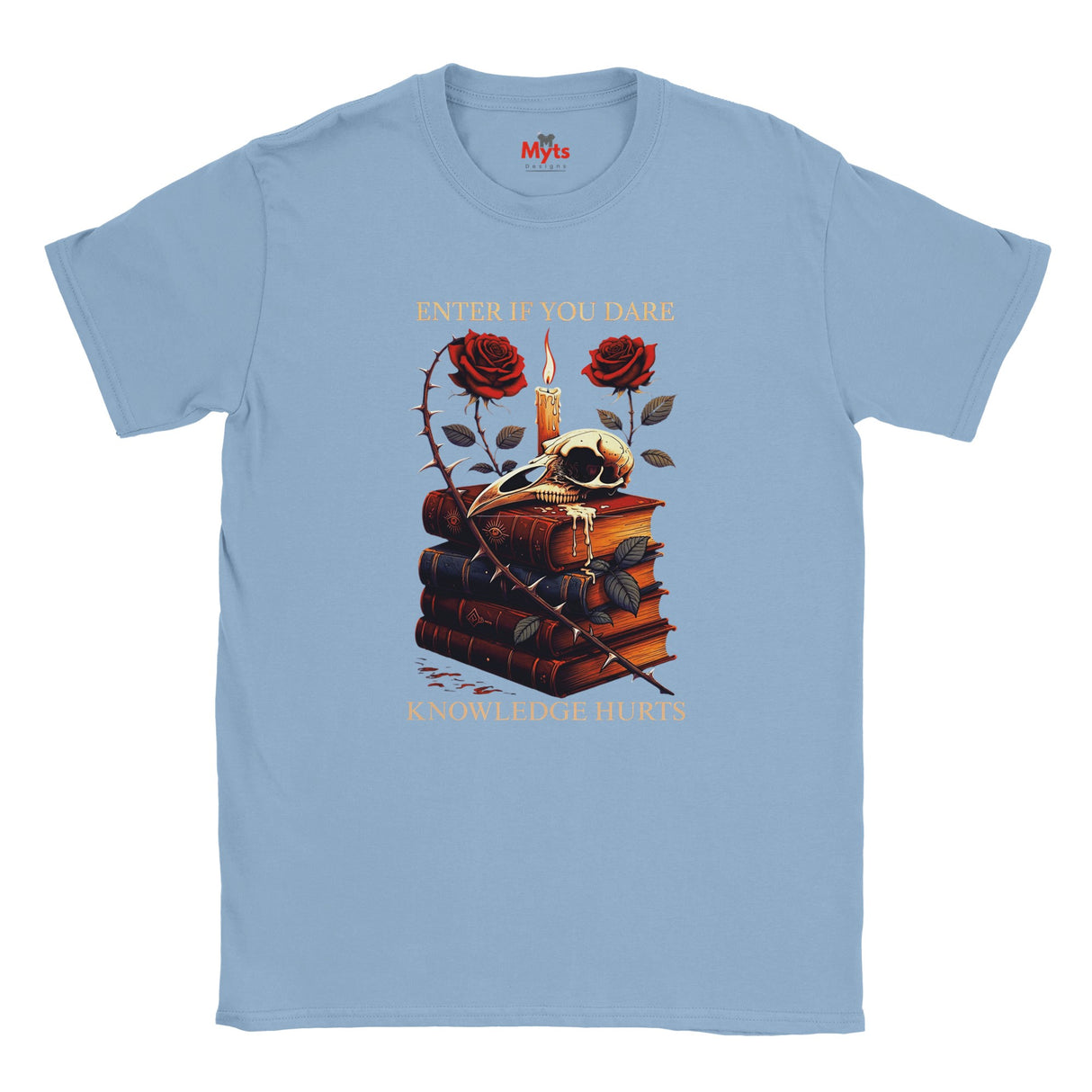 Light blue t-shirt with a graphic design featuring books, roses, and text on a white background.