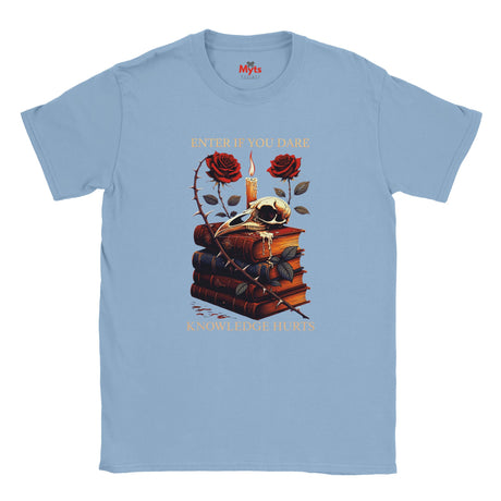 Light blue t-shirt with a graphic design featuring books, roses, and text on a white background.