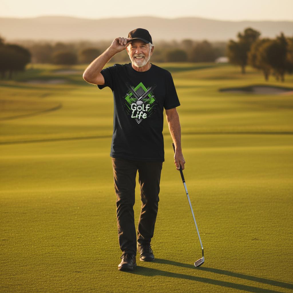 Man on a golf course wearing a 'Golf Life' t-shirt with a golf club.