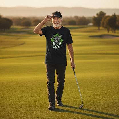 Man on a golf course wearing a 'Golf Life' t-shirt with a golf club.