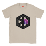 Natural t-shirt with geometric design and 'Myts' branding on a white background