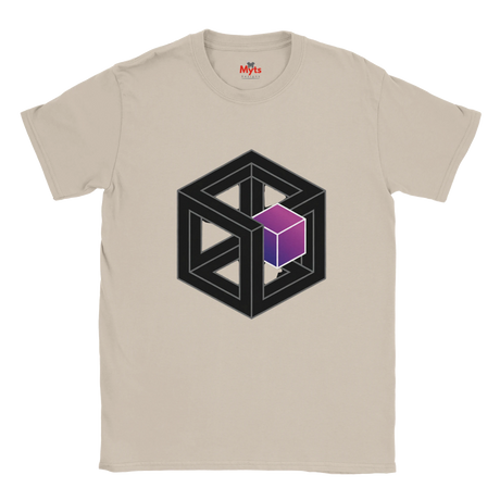 Natural t-shirt with geometric design and 'Myts' branding on a white background