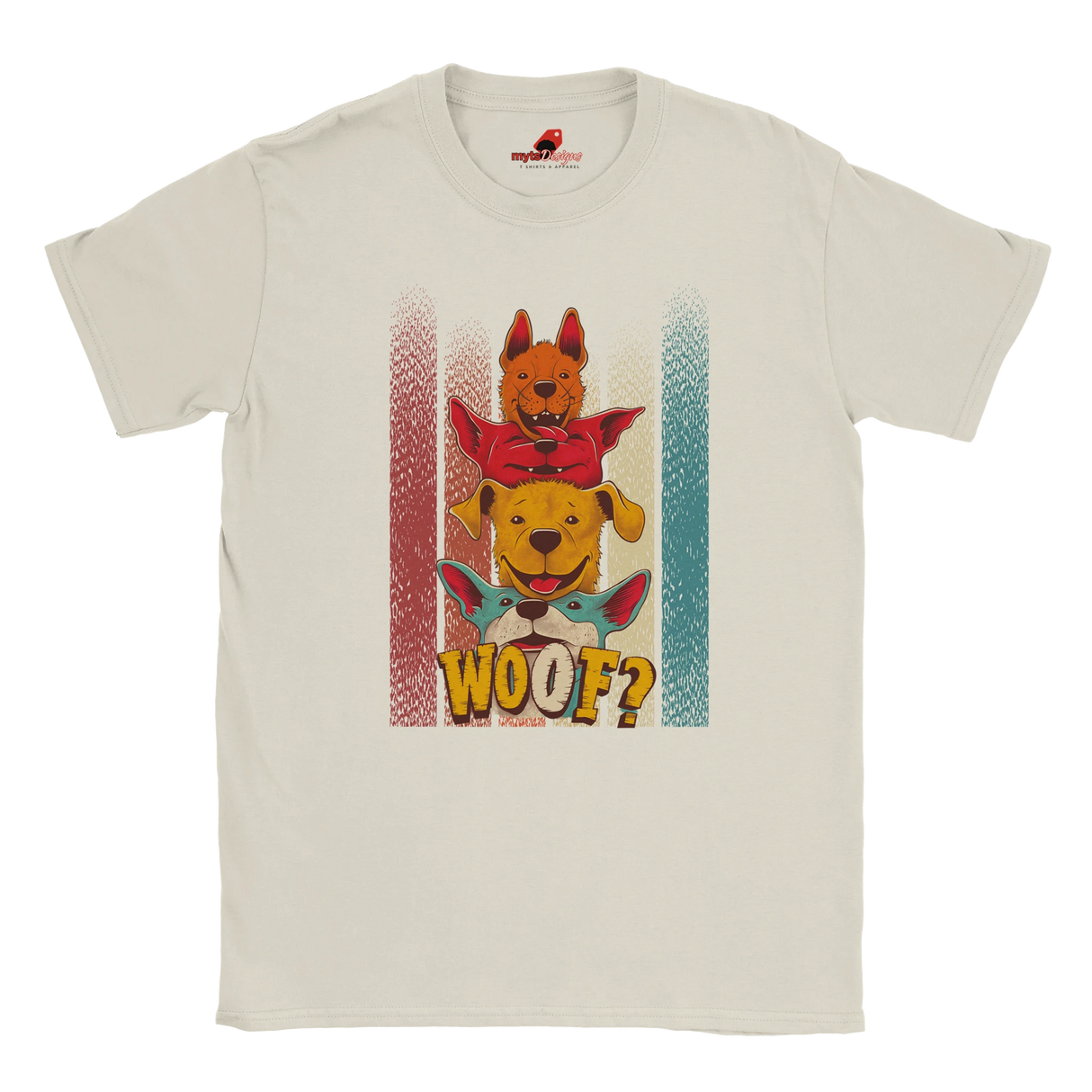 A flat lay white T-shirt featuring a playful graphic of four stacked colorful dogs in yellow, red, and blue tones with the word “Woof?” in bold, cartoonish text below.

