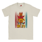 A flat lay white T-shirt featuring a playful graphic of four stacked colorful dogs in yellow, red, and blue tones with the word “Woof?” in bold, cartoonish text below.


