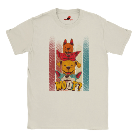A flat lay white T-shirt featuring a playful graphic of four stacked colorful dogs in yellow, red, and blue tones with the word “Woof?” in bold, cartoonish text below.

