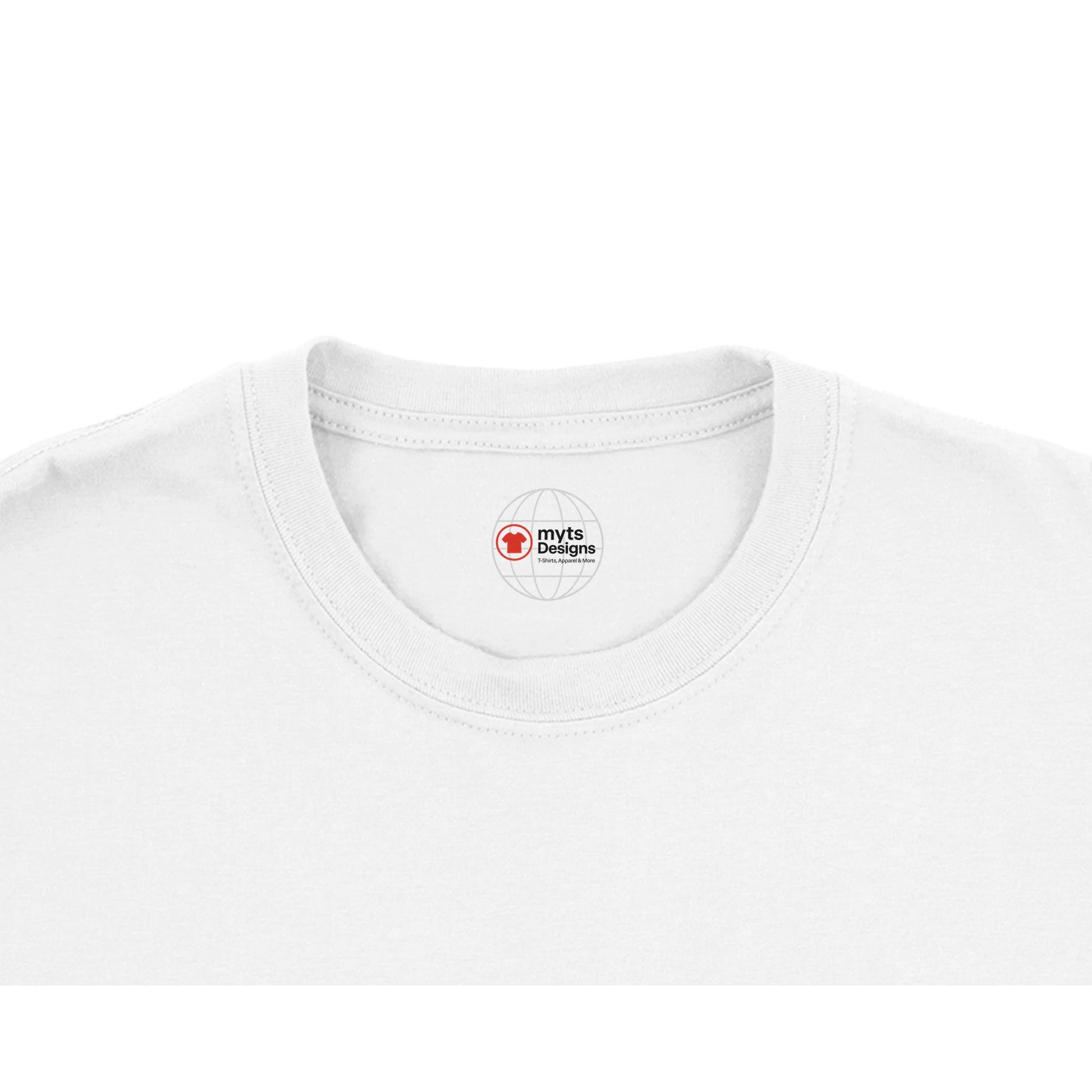 White t-shirt with a small logo on the collar against a white background