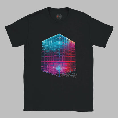 Black t-shirt with a colorful geometric design on a white background