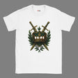 White t-shirt with a shield and sword design on a white background