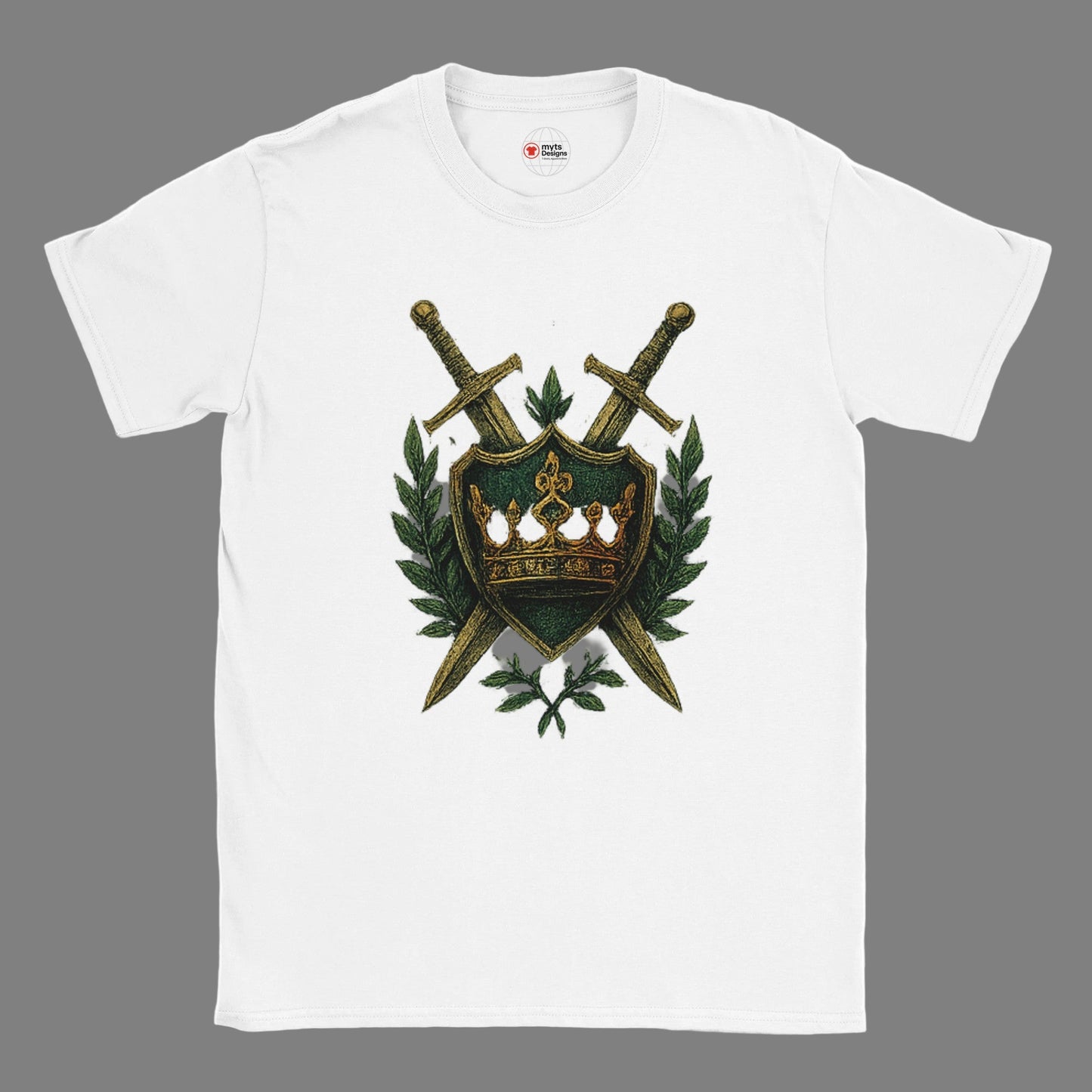 White t-shirt with a shield and sword design on a white background