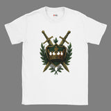 White t-shirt with a shield and sword design on a white background