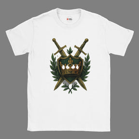 White t-shirt with a shield and sword design on a white background