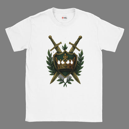 White t-shirt with a shield and sword design on a white background