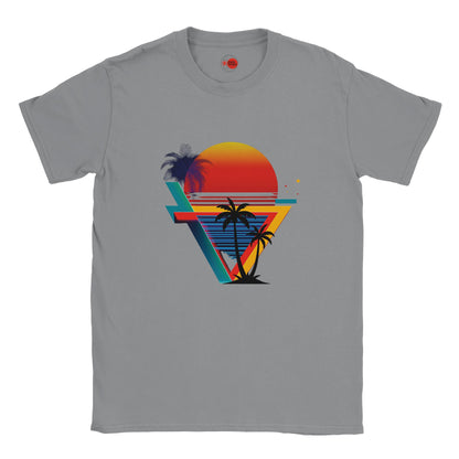 Gray t-shirt with a colorful graphic design of a sunset and palm trees on a white background