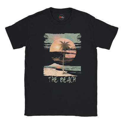 Front view of vintage beach T-shirt featuring palm trees and retro sunset graphic on black cotton tee