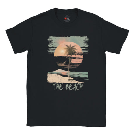 Front view of vintage beach T-shirt featuring palm trees and retro sunset graphic on black cotton tee