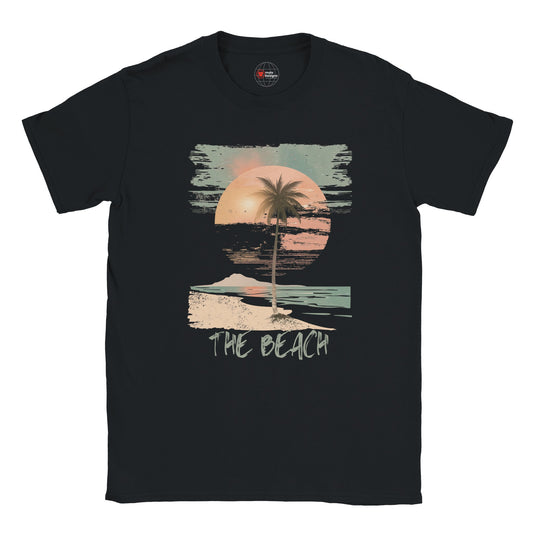 Front view of vintage beach T-shirt featuring palm trees and retro sunset graphic on black cotton tee