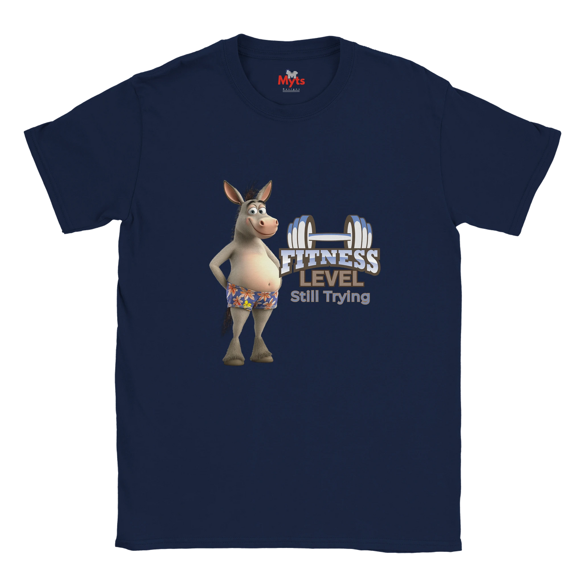 Navy blue unisex workout humour T-shirt with cartoon donkey and Fitness Level Still Trying front print.
