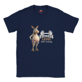 Navy blue unisex workout humour T-shirt with cartoon donkey and Fitness Level Still Trying front print.