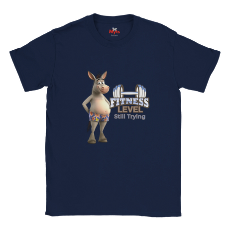 Navy blue unisex workout humour T-shirt with cartoon donkey and Fitness Level Still Trying front print.
