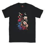 A black short-sleeve crewneck t-shirt featuring a colorful graphic print of stylized flowers, a crescent moon, and stars on the front, displayed against a solid white background.