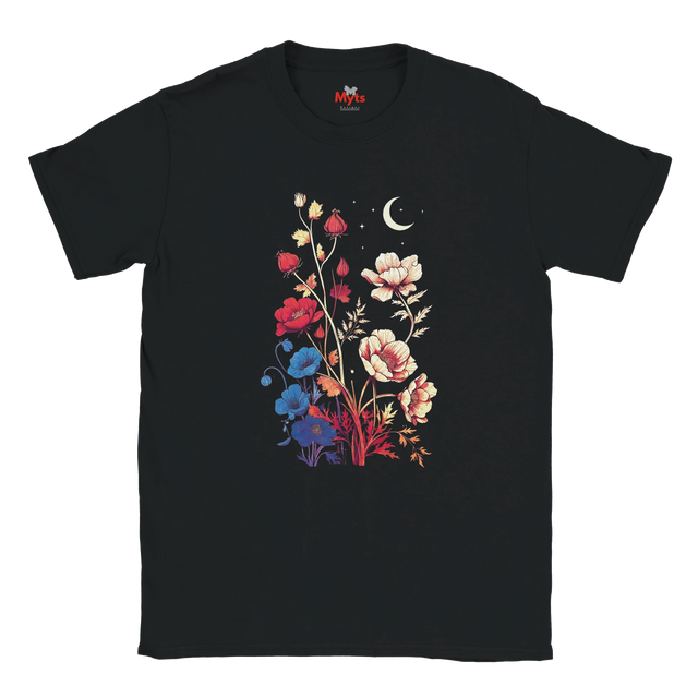 A black short-sleeve crewneck t-shirt featuring a colorful graphic print of stylized flowers, a crescent moon, and stars on the front, displayed against a solid white background.