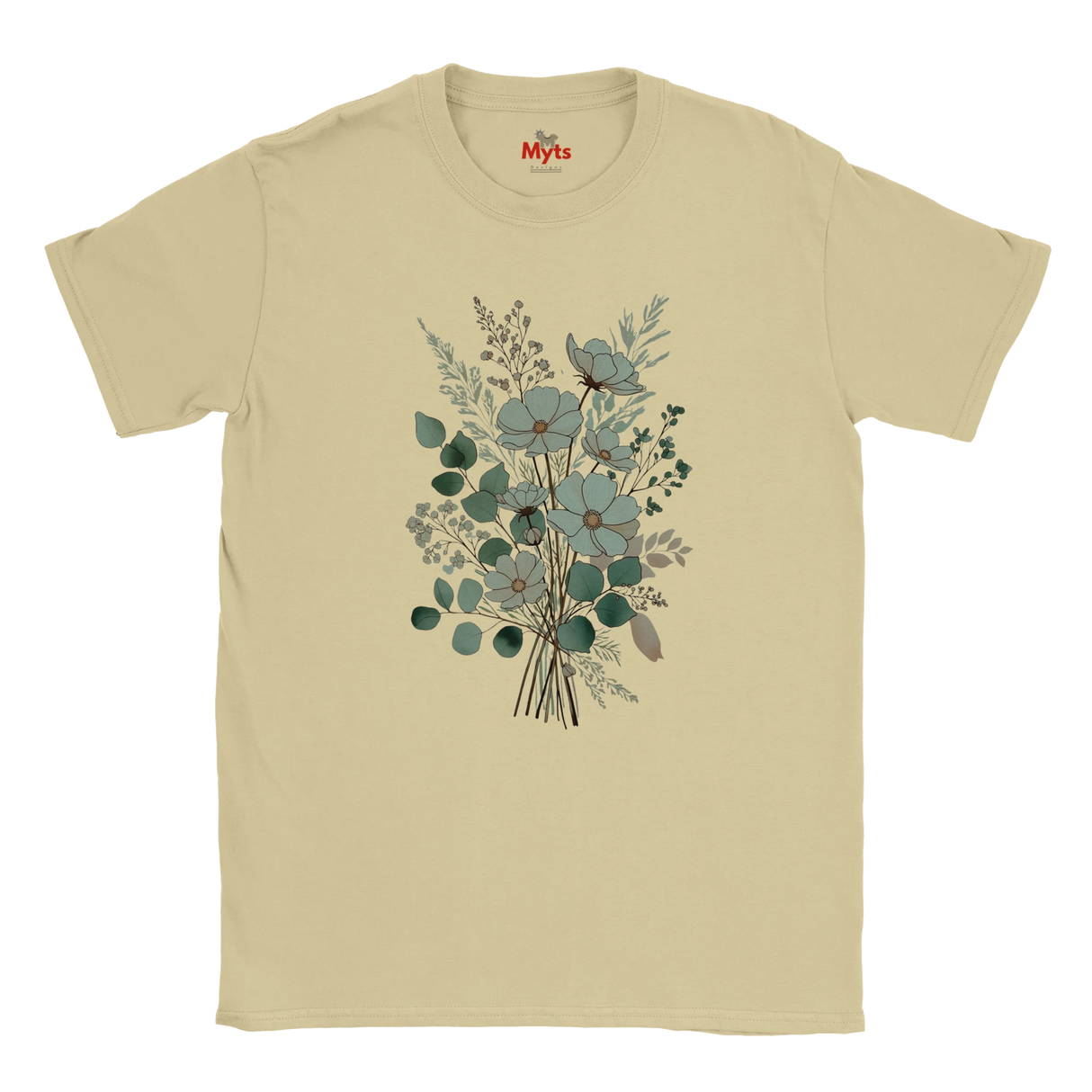 A beige short-sleeve crewneck t-shirt featuring a central graphic print of a floral bouquet with blue-gray flowers and green leaves, displayed on a clean white background.