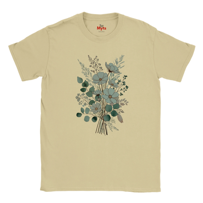 A beige short-sleeve crewneck t-shirt featuring a central graphic print of a floral bouquet with blue-gray flowers and green leaves, displayed on a clean white background.