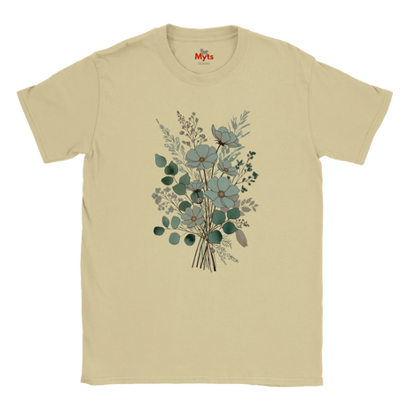 A beige short-sleeve crewneck t-shirt featuring a central graphic print of a floral bouquet with blue-gray flowers and green leaves, displayed on a clean white background.