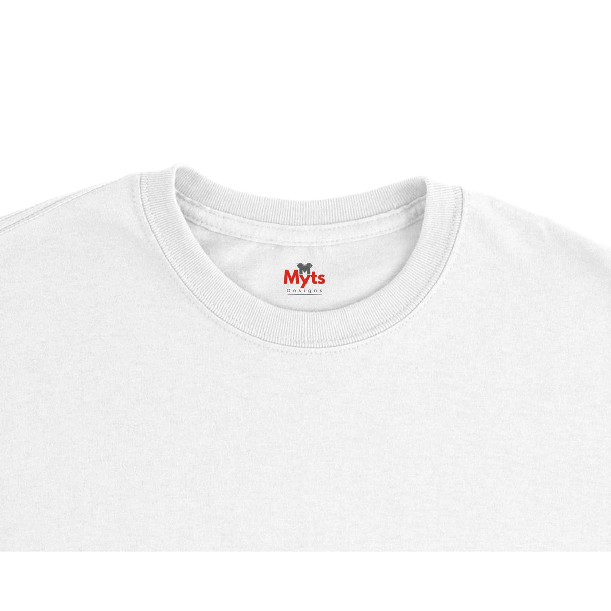 White t-shirt with a small red and black logo on the collar against a white background